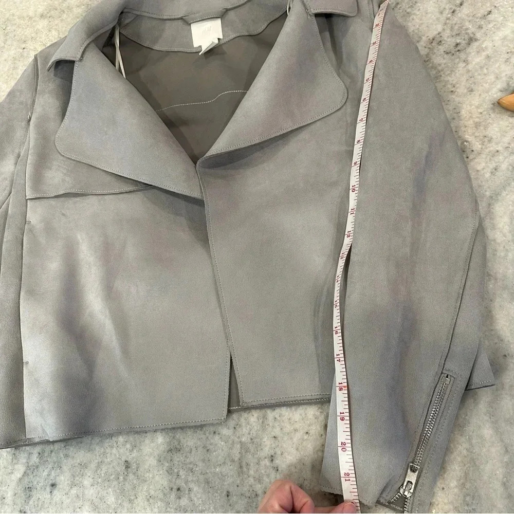H&M Faux Suede Pocket Zippered Sleeve Gray Moto Jacket Size 4 - Picture 7 of 12